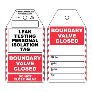 Leak Testing Personal Isolation Tag / Valve Closed (Pack of 50)